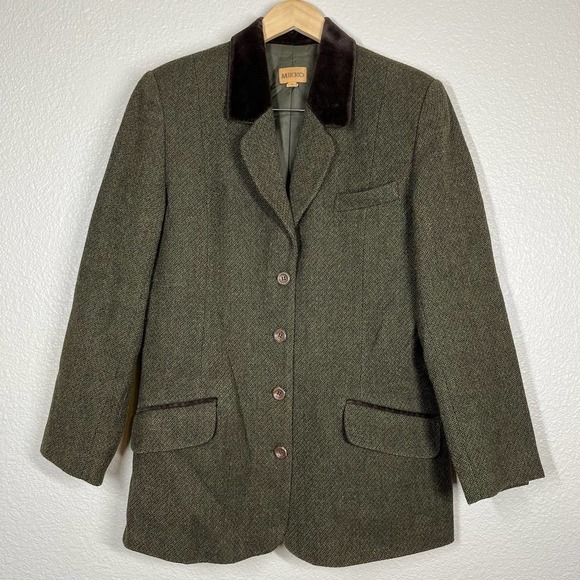 Vintage Mikko Jacket Tweed Velvet Trim Wool Green Women’s Size 42 - Picture 2 of 14